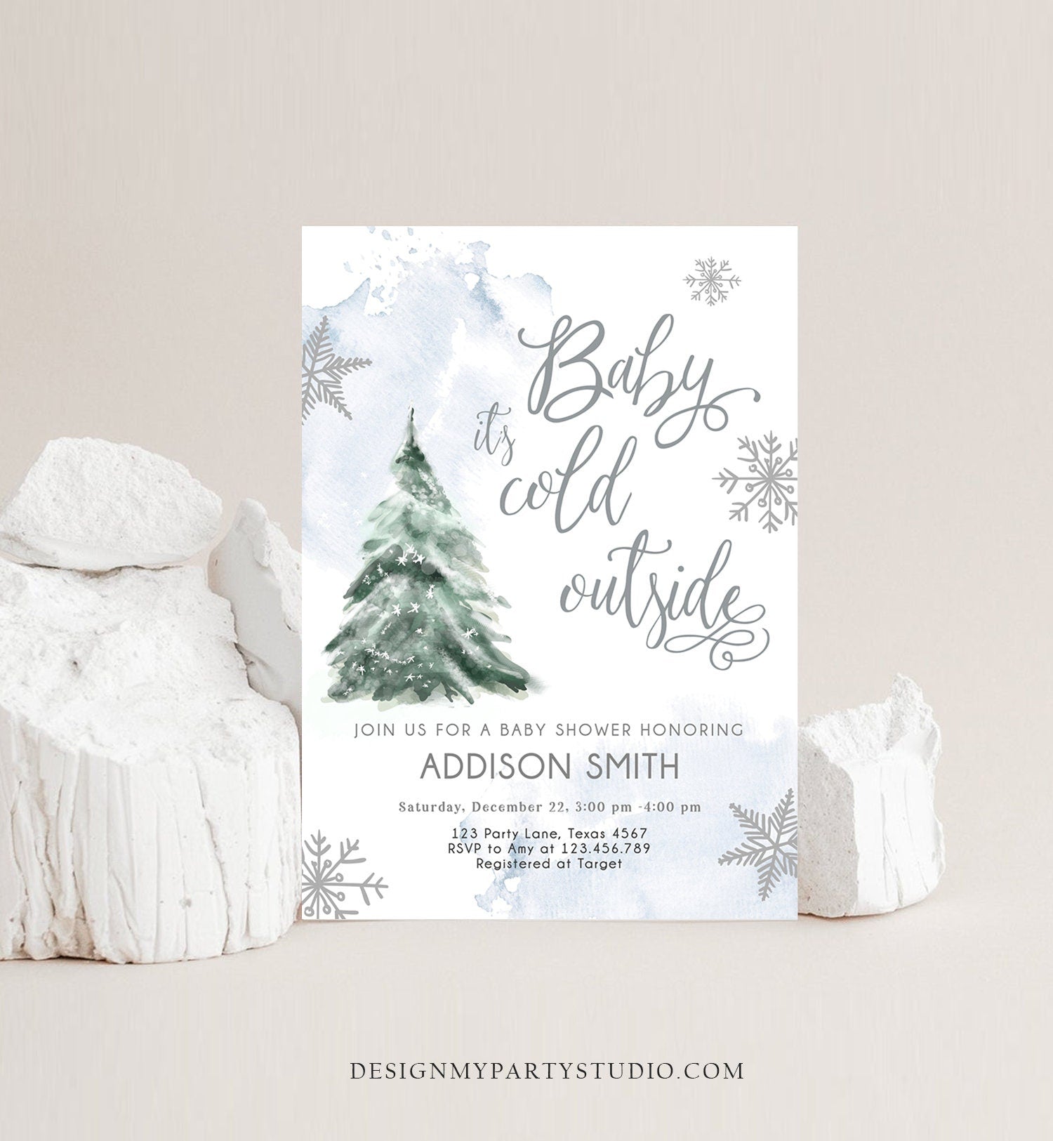 Editable Baby Its Cold Outside Baby Shower Invitation Winter Baby Shower Gender Neutral Snow Watercolor Tree Template Download Corjl 0363