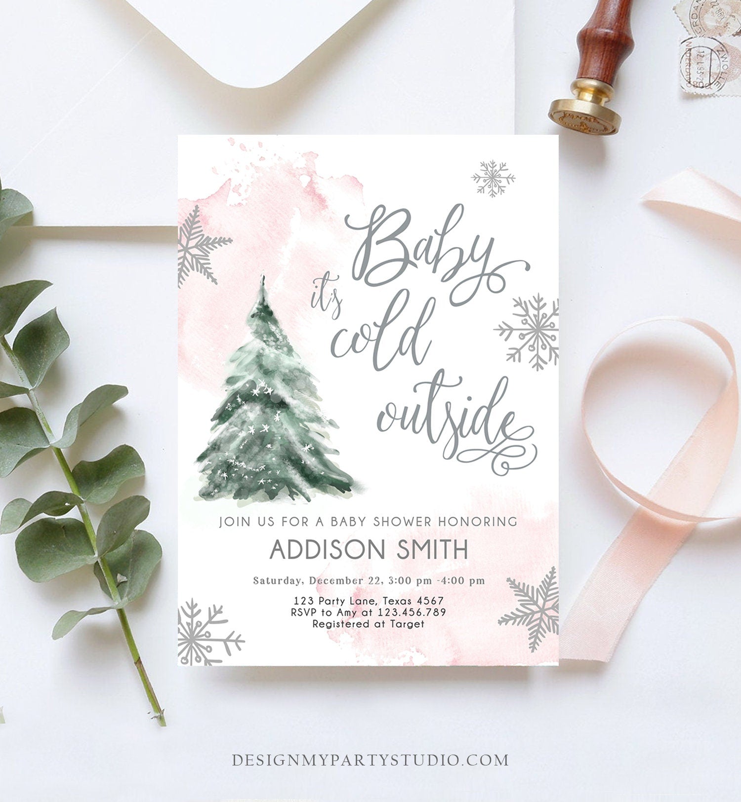 Editable Baby Its Cold Outside Baby Shower Invitation Winter Baby Shower Girl Blush Pink Snow Watercolor Tree Template Download Corjl 0363