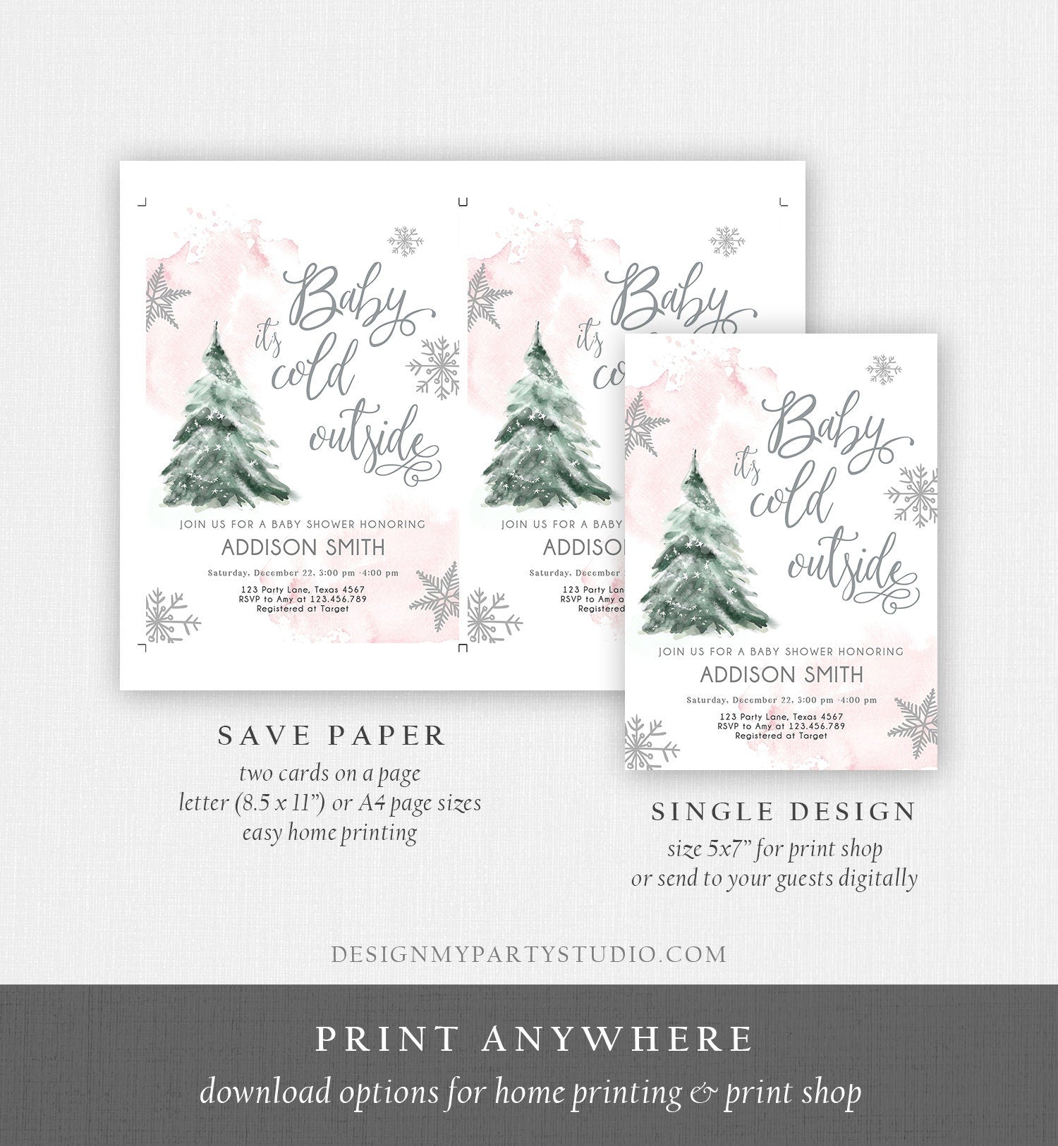 Editable Baby Its Cold Outside Baby Shower Invitation Winter Baby Shower Girl Blush Pink Snow Watercolor Tree Template Download Corjl 0363