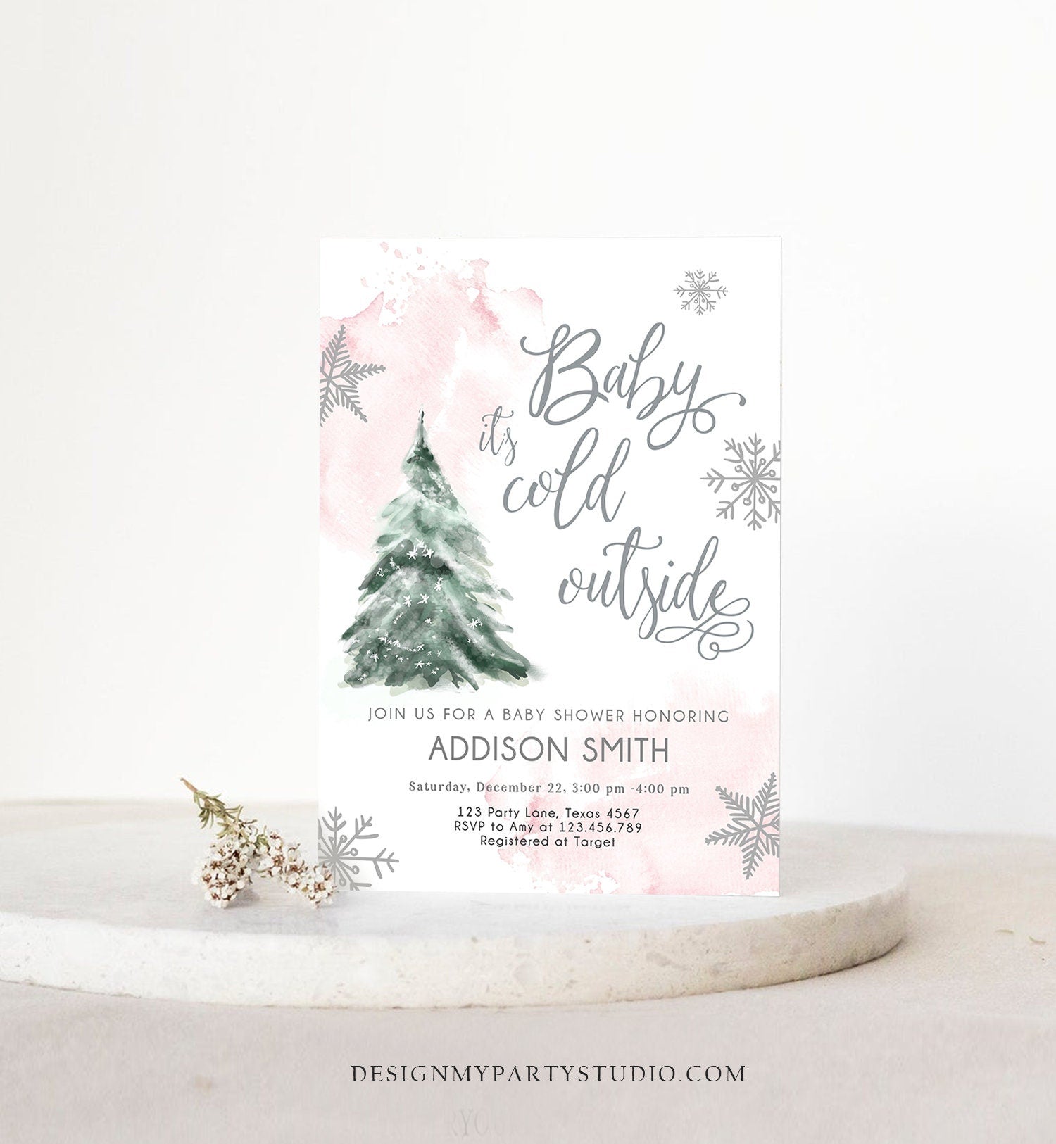 Editable Baby Its Cold Outside Baby Shower Invitation Winter Baby Shower Girl Blush Pink Snow Watercolor Tree Template Download Corjl 0363