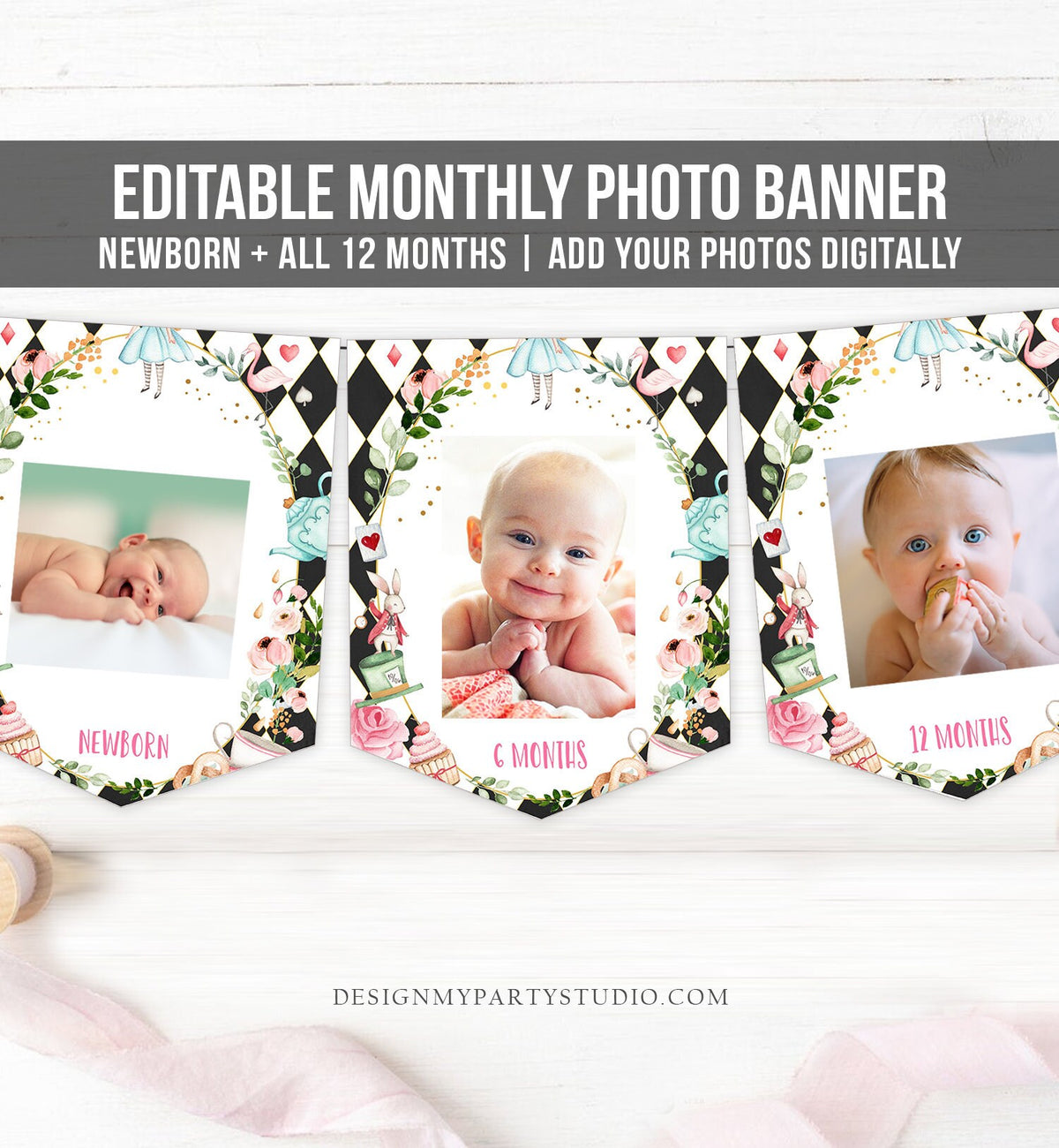 Editable Alice in Onederland First Birthday Banner Monthly Photo Banner Wonderland Tea Party 1st Blue Girl Corjl Template Printable 0350