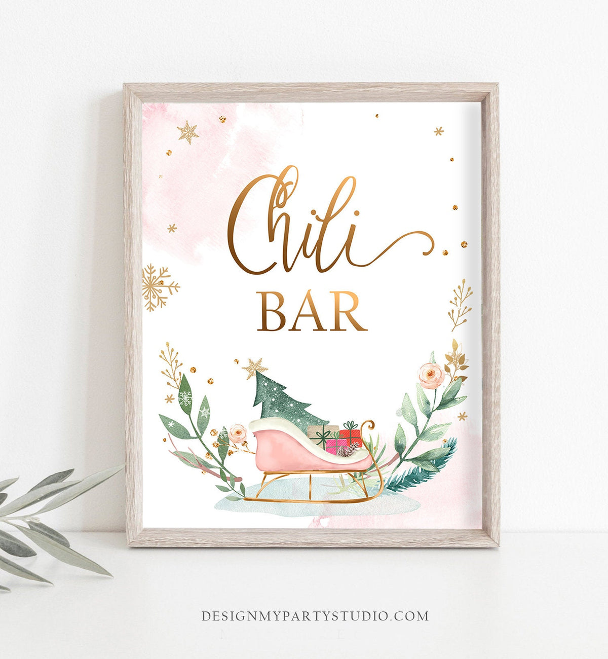 Chili Bar Sign Sleigh Winter Onederland First Birthday Party Food Table Wonderland Girl Pink Gold Table Sign Decor Digital Printable 0353