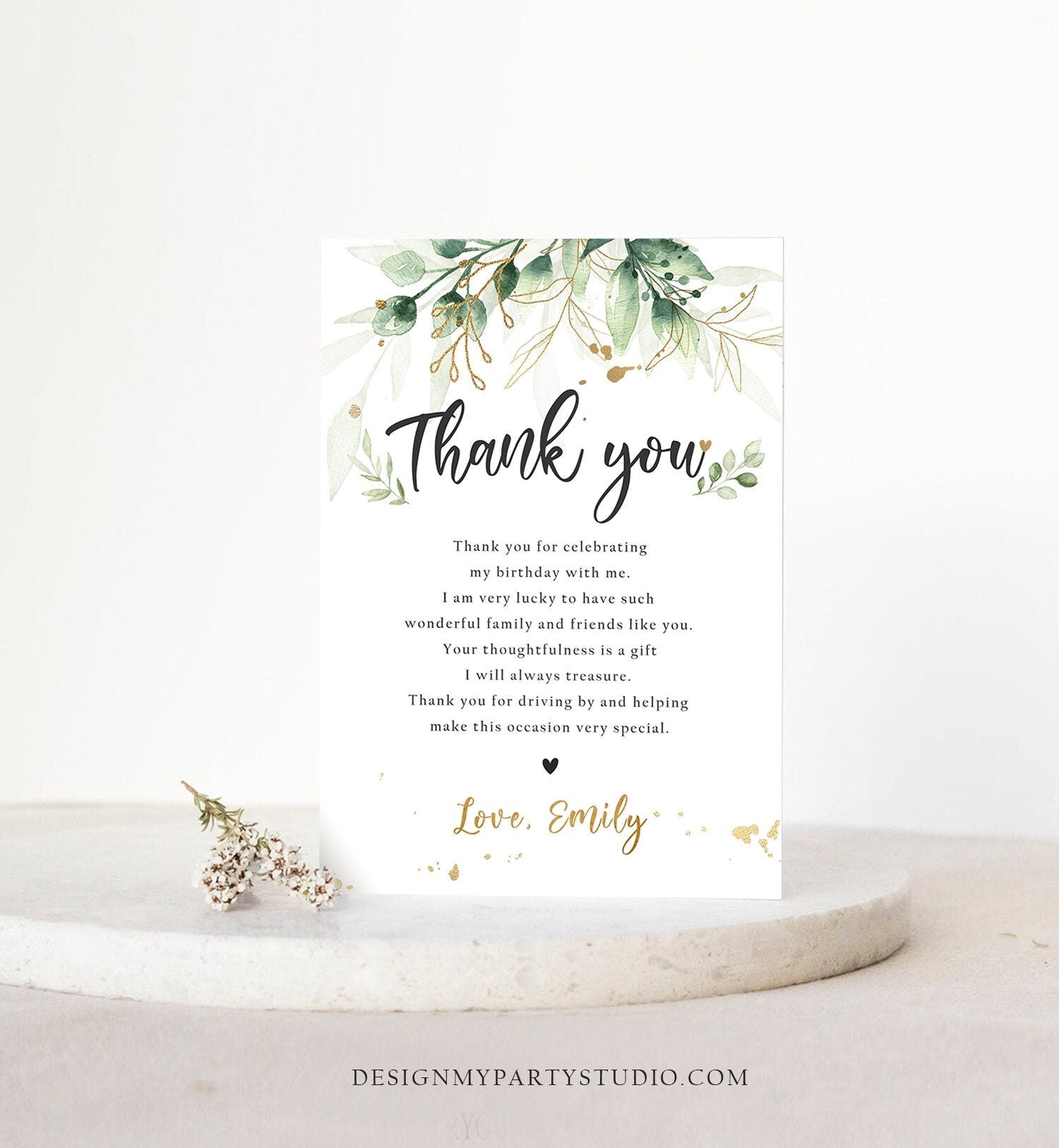 Editable Gold Leaves Baby Shower Thank You Card Drive By Through Social Distancing Birthday Wedding Floral Greenery Corjl Template 0168