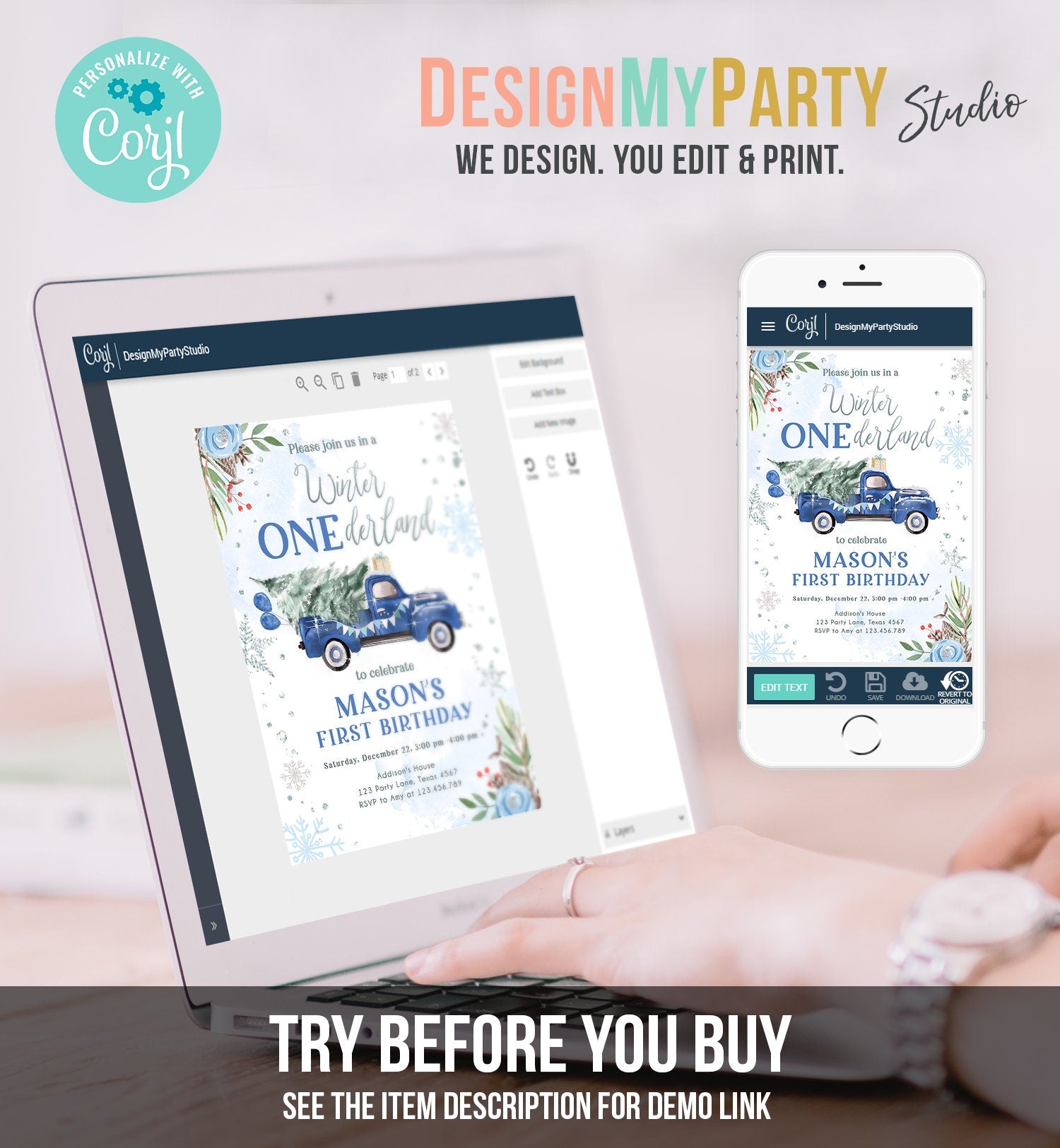 Editable Winter Onederland Winter First Birthday Invitation 1st Winter Blue Boy Silver Floral Truck Christmas Printable Template DIY 0356