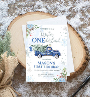 Editable Winter Onederland Winter First Birthday Invitation 1st Winter Blue Boy Silver Floral Truck Christmas Printable Template DIY 0356