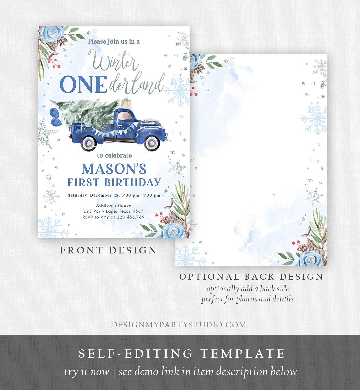 Editable Winter Onederland Winter First Birthday Invitation 1st Winter Blue Boy Silver Floral Truck Christmas Printable Template DIY 0356