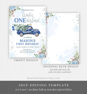 Editable Winter Onederland Winter First Birthday Invitation 1st Winter Blue Boy Silver Floral Truck Christmas Printable Template DIY 0356