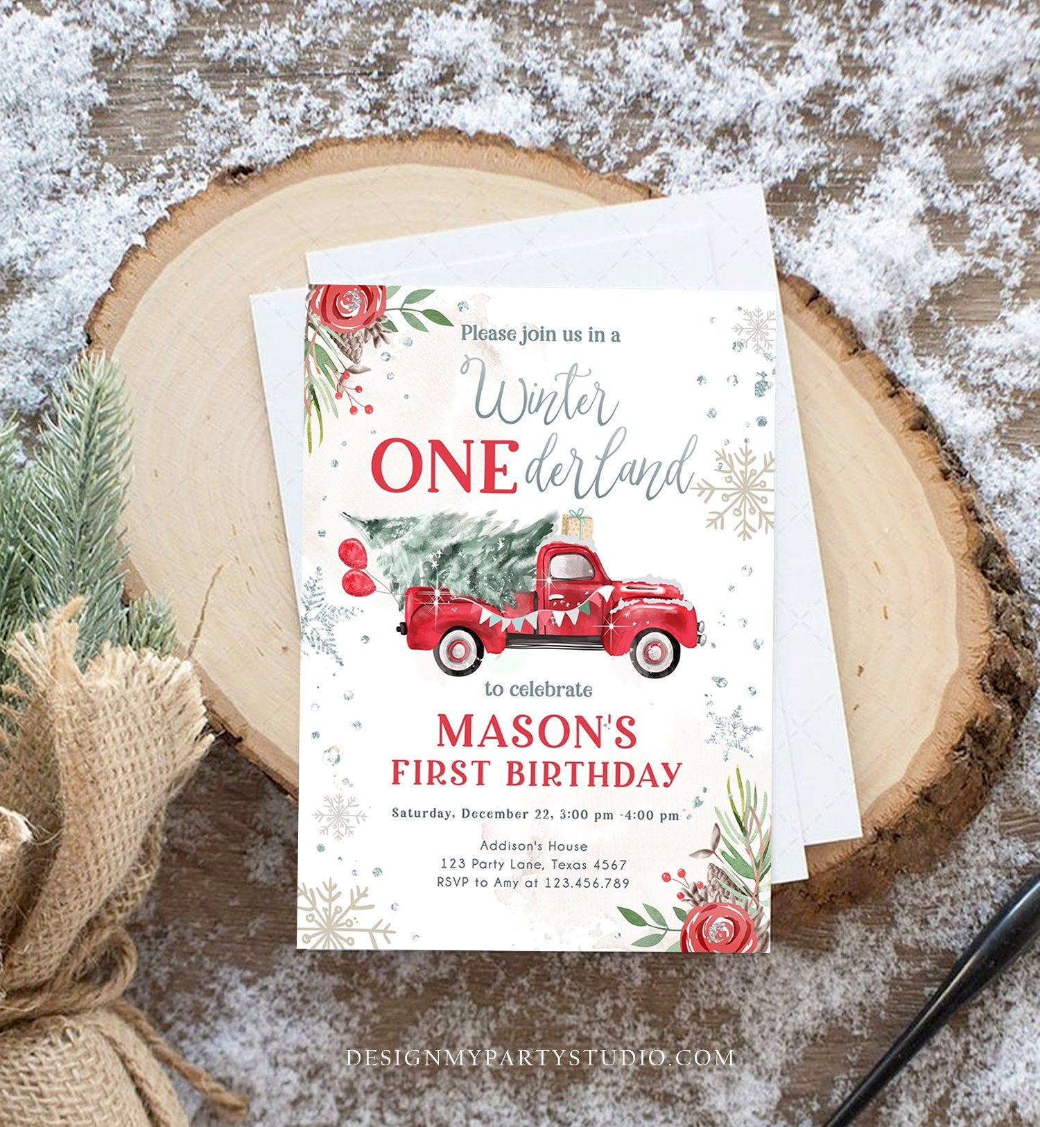 Editable Winter Onederland Winter First Birthday Invitation 1st Winter Red Boy Silver Floral Truck Christmas Printable Template DIY 0356