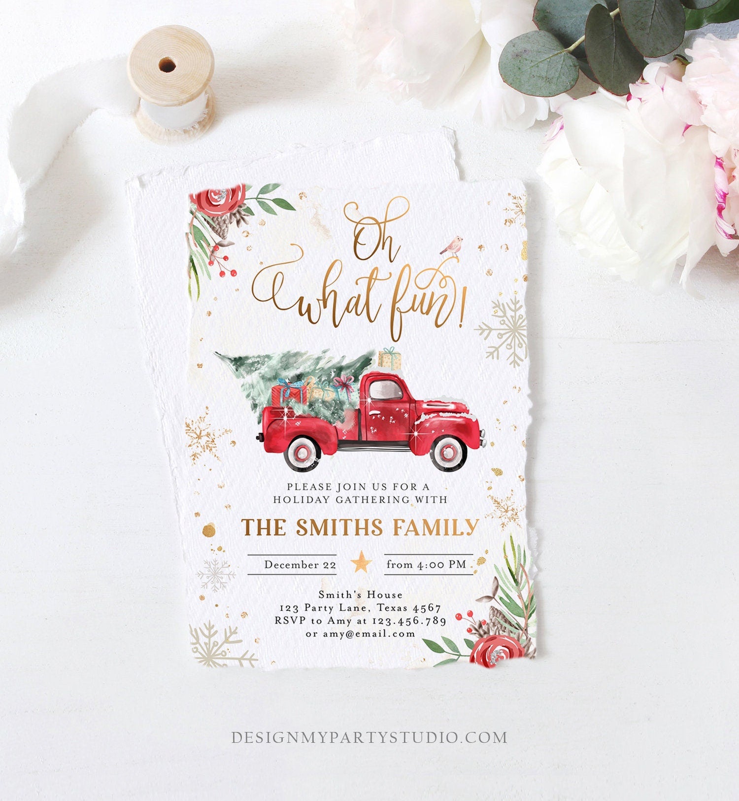 Editable Oh What Fun! Holiday Party Christmas Party Invitation Red Truck Tree Winter Birthday Personalized Printable Template Corjl 0356