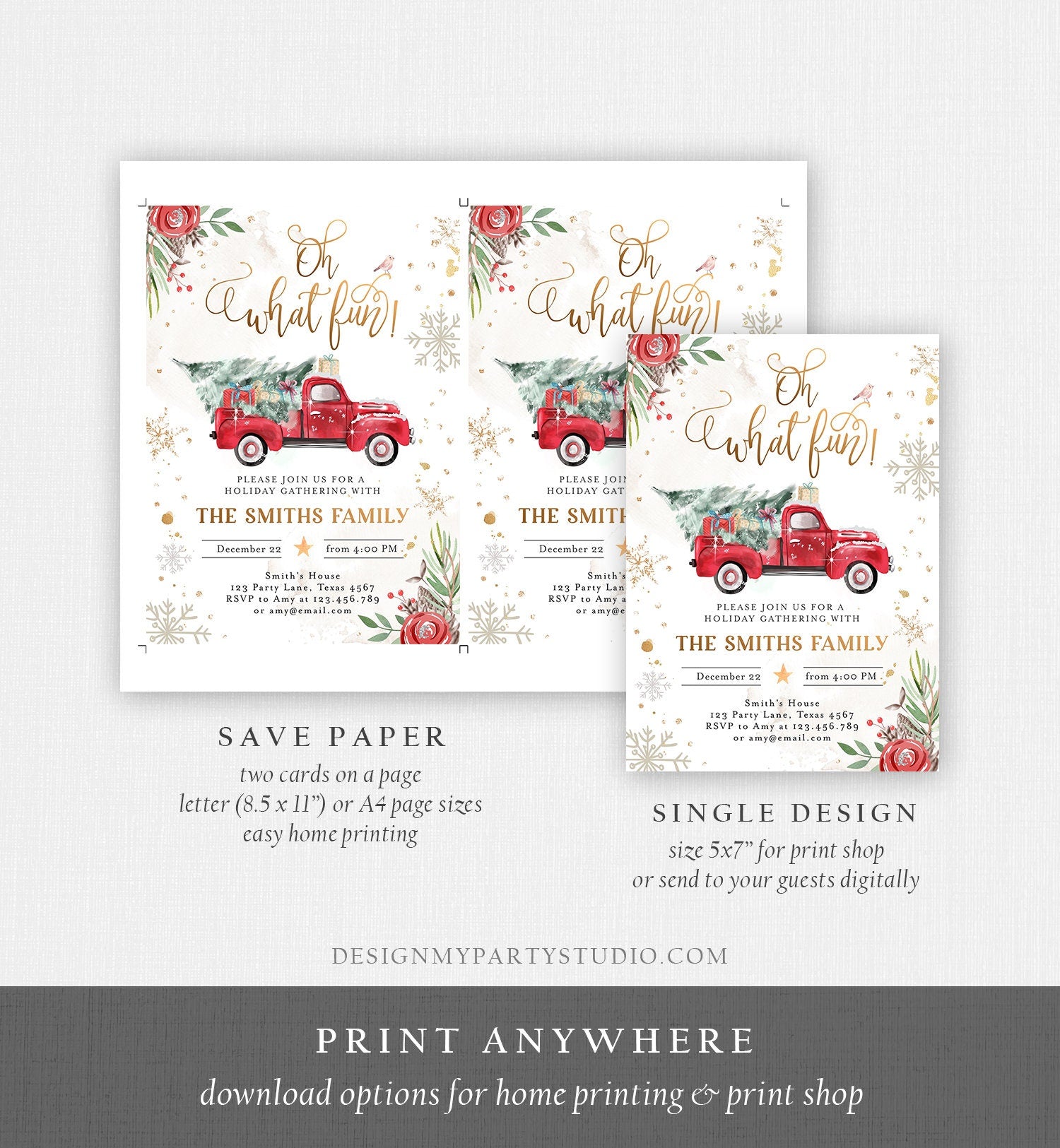 Editable Oh What Fun! Holiday Party Christmas Party Invitation Red Truck Tree Winter Birthday Personalized Printable Template Corjl 0356