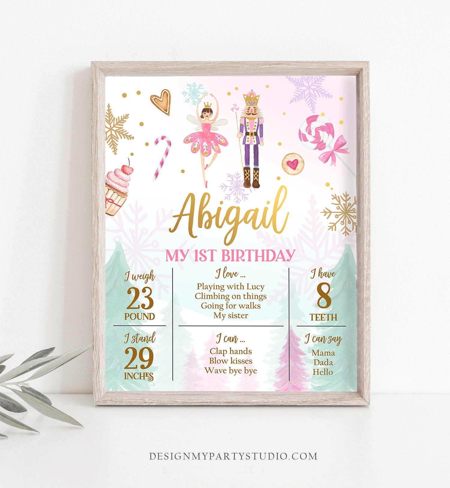 Editable Nutcracker Birthday Milestones Sign Girl First Birthday 1st Birthday Land of Sweets Milestone Board Corjl Template Printable 0352