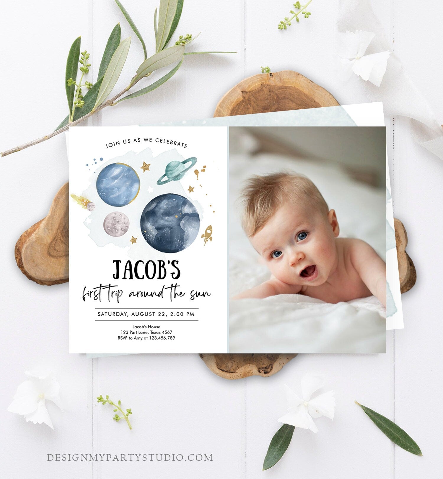 Editable Outer Space First Birthday Invitation Galaxy Blast Off First Trip Around the Sun Download Printable Template Digital Corjl 0357