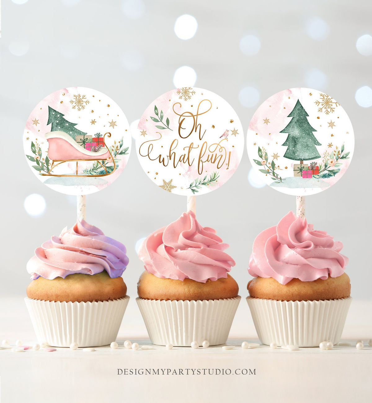 Sleigh Cupcake Toppers Winter Onederland Birthday Party Decorations Oh What Fun Girl Pink Stickers Tags Download Digital PRINTABLE 0353