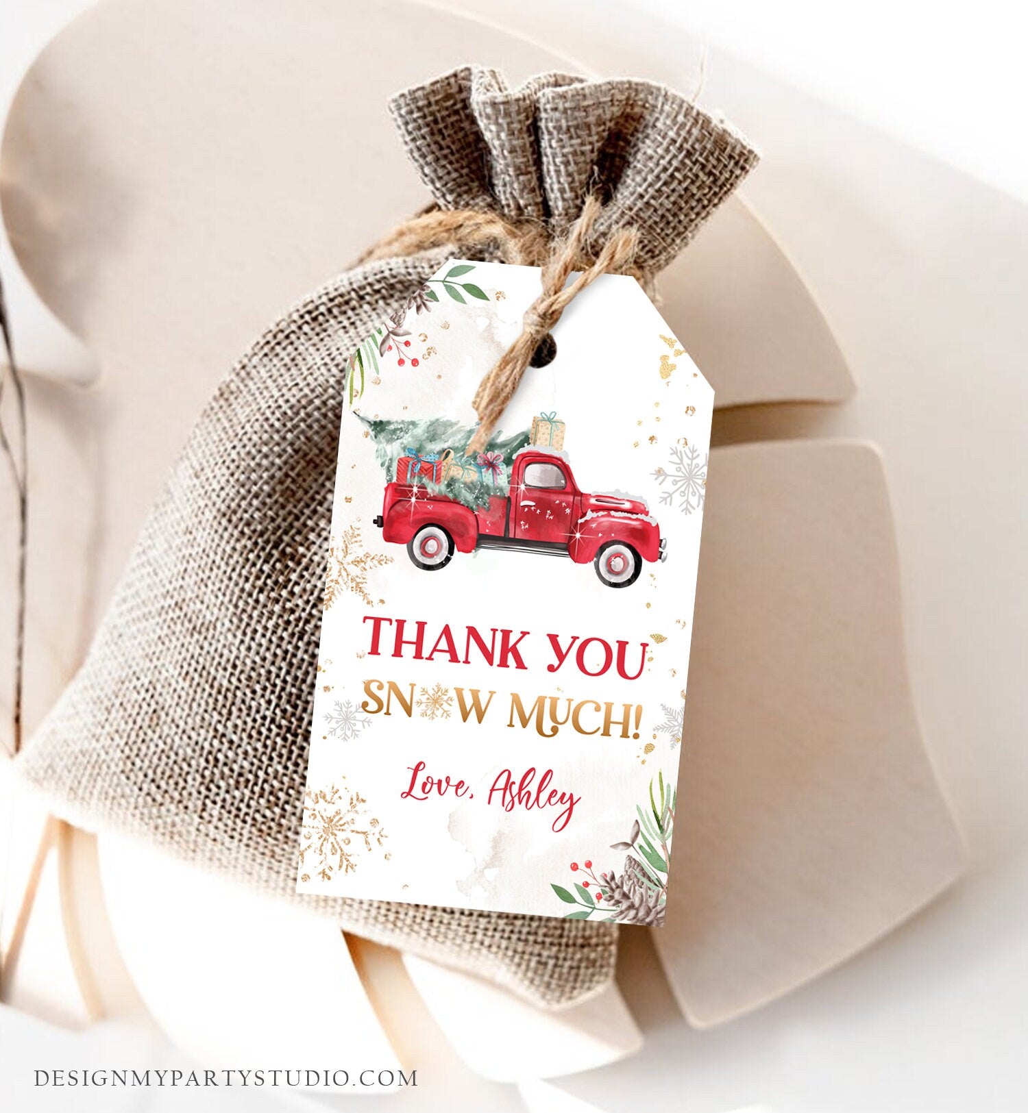 Editable Red Truck Winter Favor Tag Holiday Christmas Thank You Snow Much Baby Shower Bridal Shower Birthday Gift Tag Corjl Printable 0356