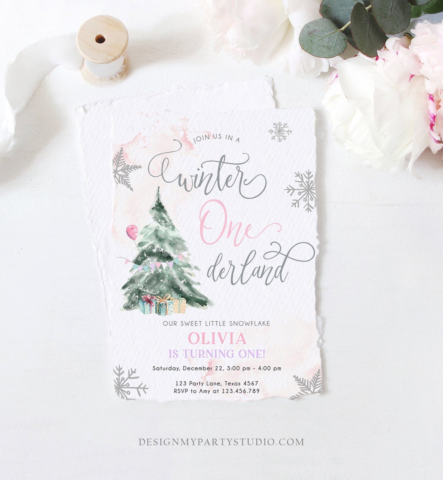 Editable Winter ONEderland Birthday Invitation First Birthday 1st Girl Pink Snow Watercolor Tree Christmas Snowflake Corjl Template 0363