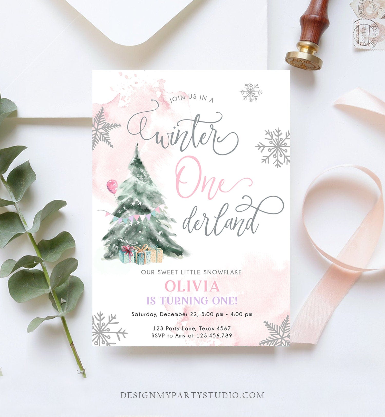 Editable Winter ONEderland Birthday Invitation First Birthday 1st Girl Pink Snow Watercolor Tree Christmas Snowflake Corjl Template 0363