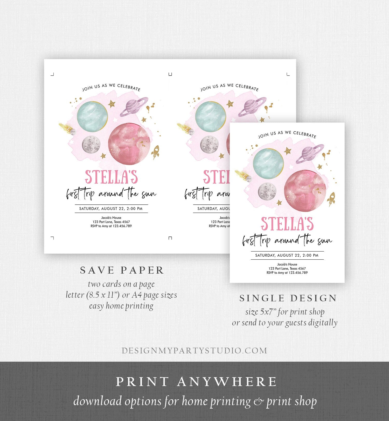 Editable Outer Space Girl First Birthday Invitation Galaxy Blast Off First Trip Around the Sun Pink Download Printable Template Corjl 0357