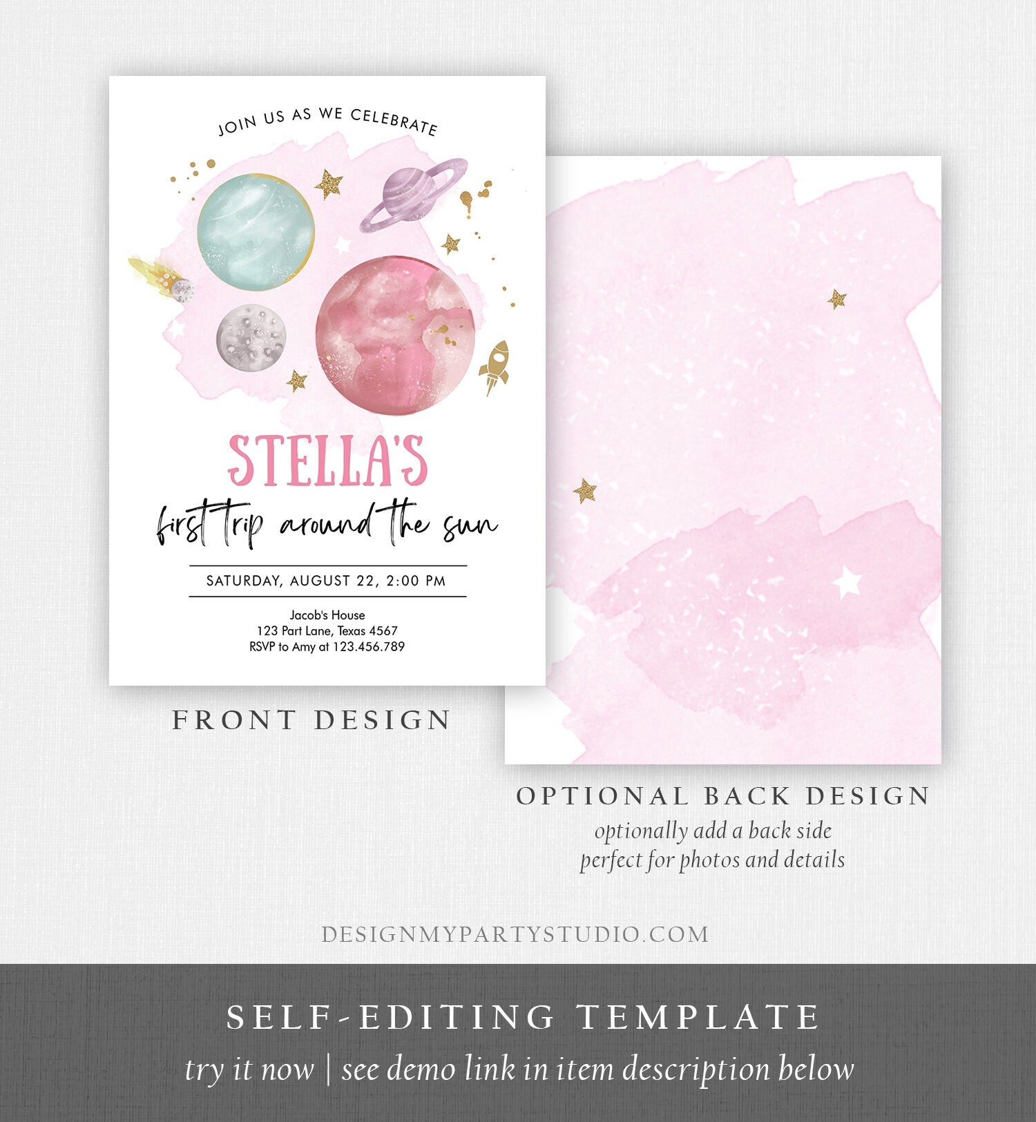 Editable Outer Space Girl First Birthday Invitation Galaxy Blast Off First Trip Around the Sun Pink Download Printable Template Corjl 0357