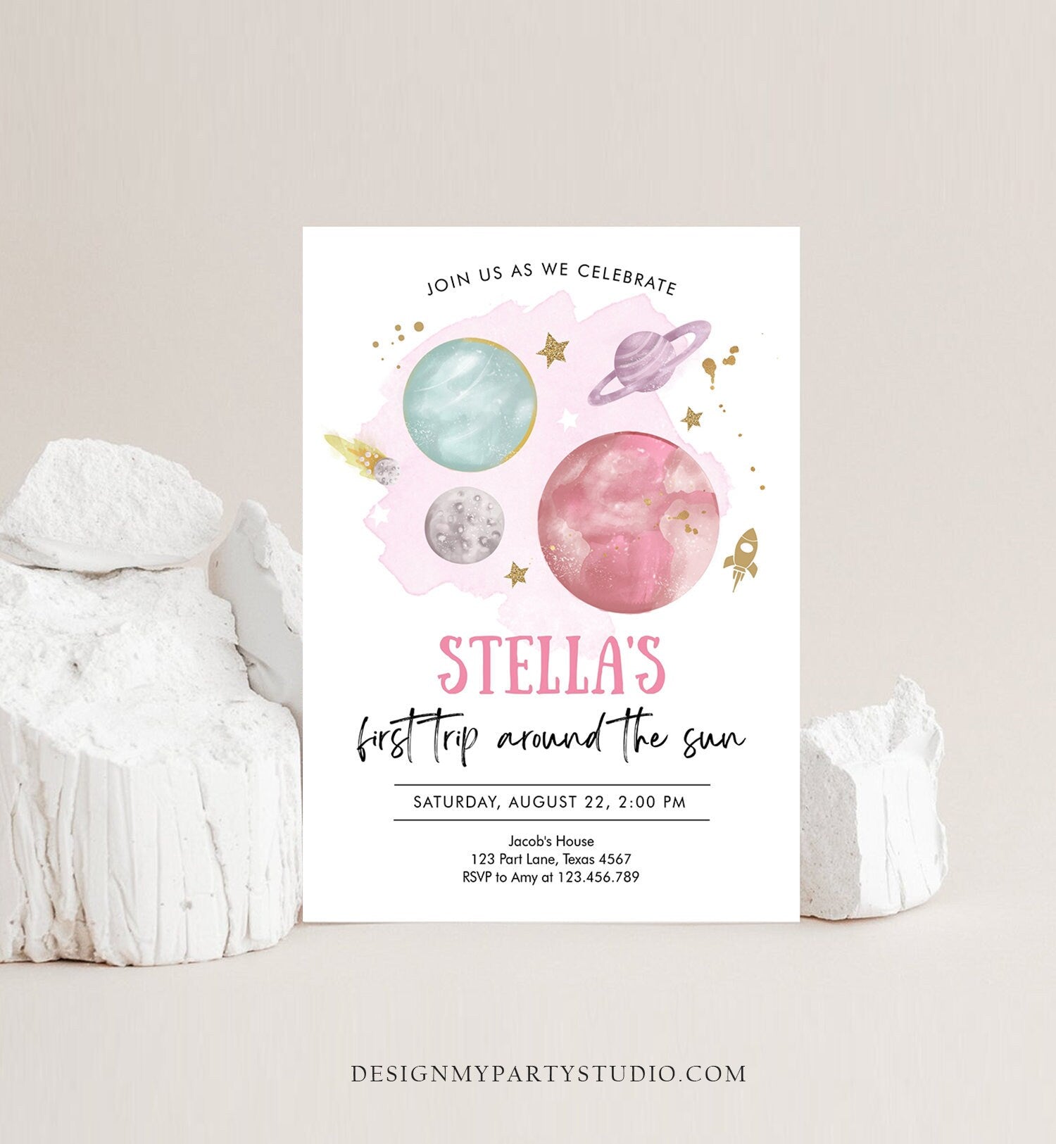 Editable Outer Space Girl First Birthday Invitation Galaxy Blast Off First Trip Around the Sun Pink Download Printable Template Corjl 0357