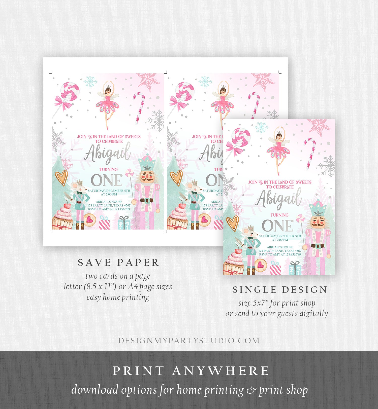 Editable Nutcracker Birthday Invitation Girl Land of Sweets Invite Winter Pink Girl Sugar Plum Fairy Download Printable Template Corjl 0352