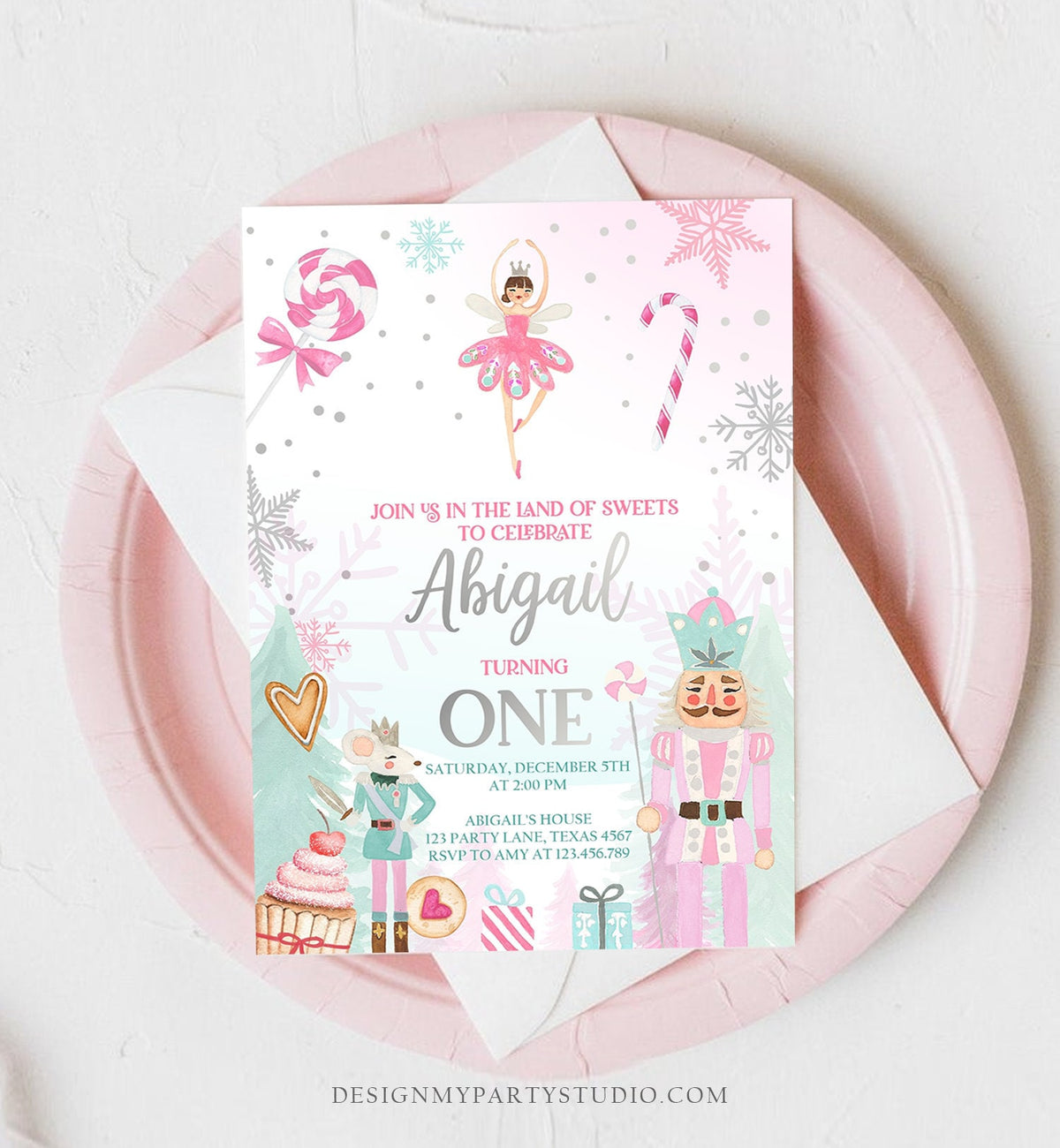 Editable Nutcracker Birthday Invitation Girl Land of Sweets Invite Winter Pink Girl Sugar Plum Fairy Download Printable Template Corjl 0352