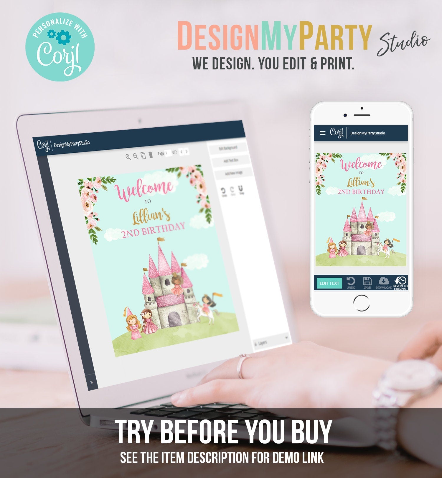 Editable Princess Birthday Welcome Sign Girl Princess Welcome Birthday Sign Royal Castle Pink Gold Girls Template Corjl PRINTABLE 0171