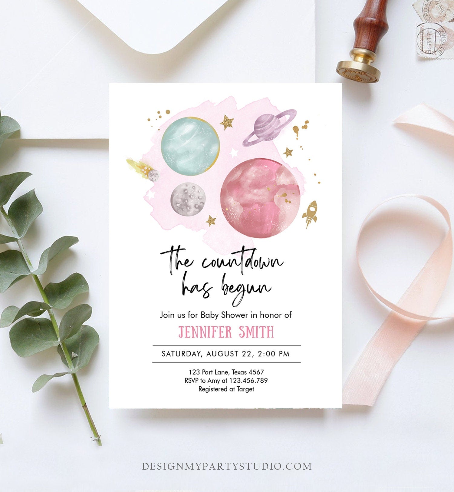 Editable Space Baby Shower Invitation Galaxy Outer Space It's a Girl Pink Planets Moon Countdown Digital Download Template Printable 0357