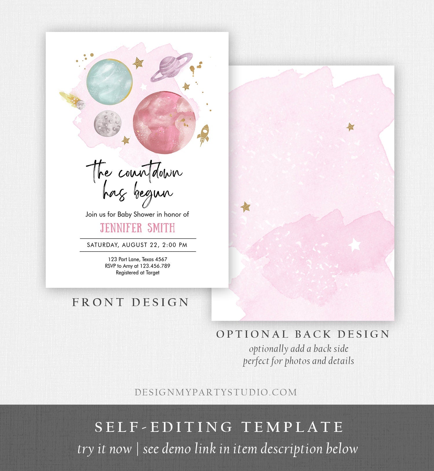 Editable Space Baby Shower Invitation Galaxy Outer Space It's a Girl Pink Planets Moon Countdown Digital Download Template Printable 0357