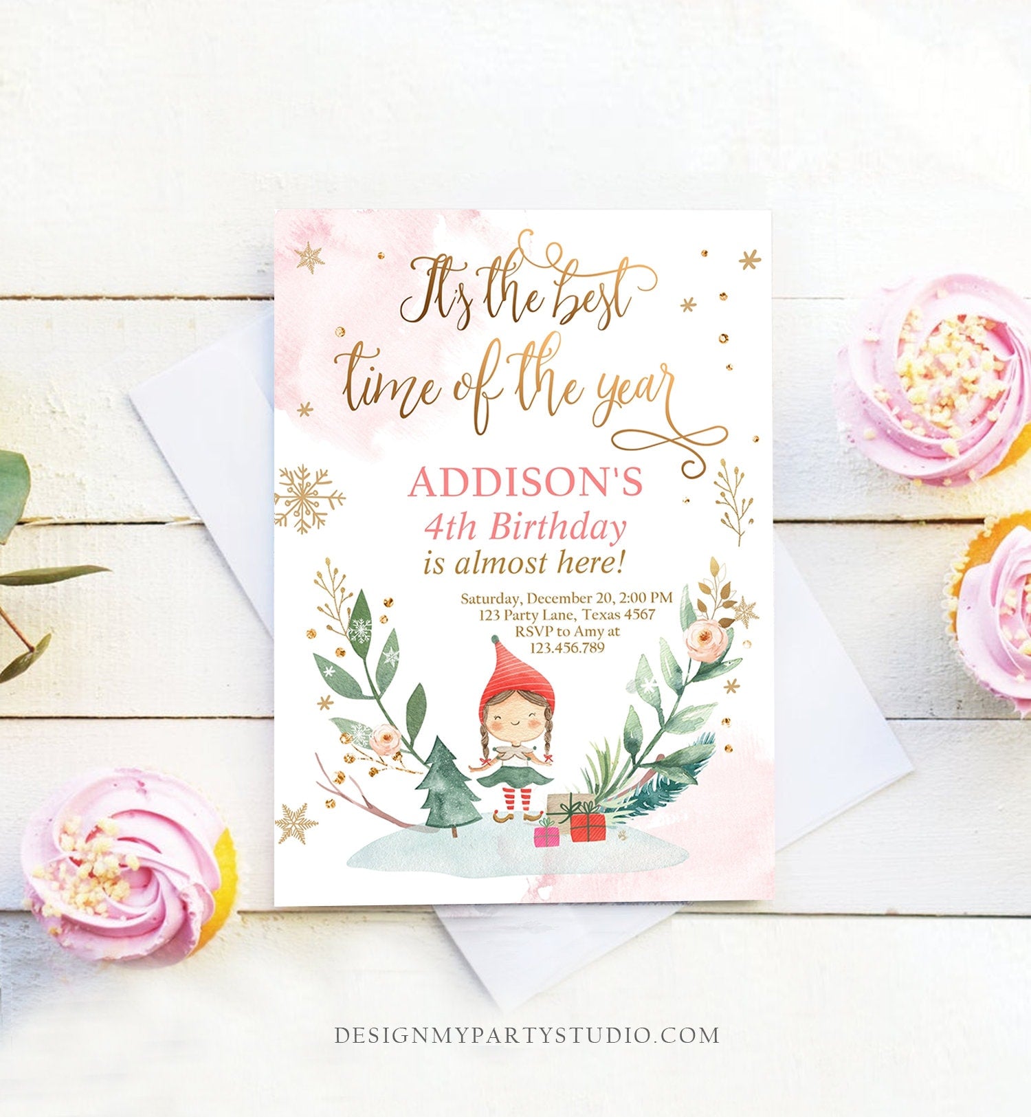 Editable Christmas Birthday Party Invitation Elf Birthday Invite Winter Best Time of The Year Girl Pink Gold Printable Template DIY 0353