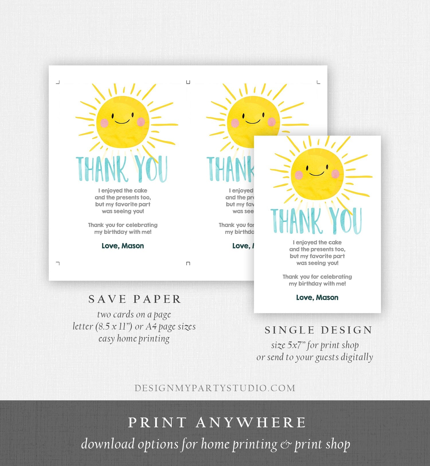 Editable Little Sunshine Thank You Card Birthday Party Blue Boy Bow Baby Shower First Birthday 1st Digital Corjl Template Printable 0141