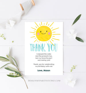 Editable Little Sunshine Thank You Card Birthday Party Blue Boy Bow Baby Shower First Birthday 1st Digital Corjl Template Printable 0141