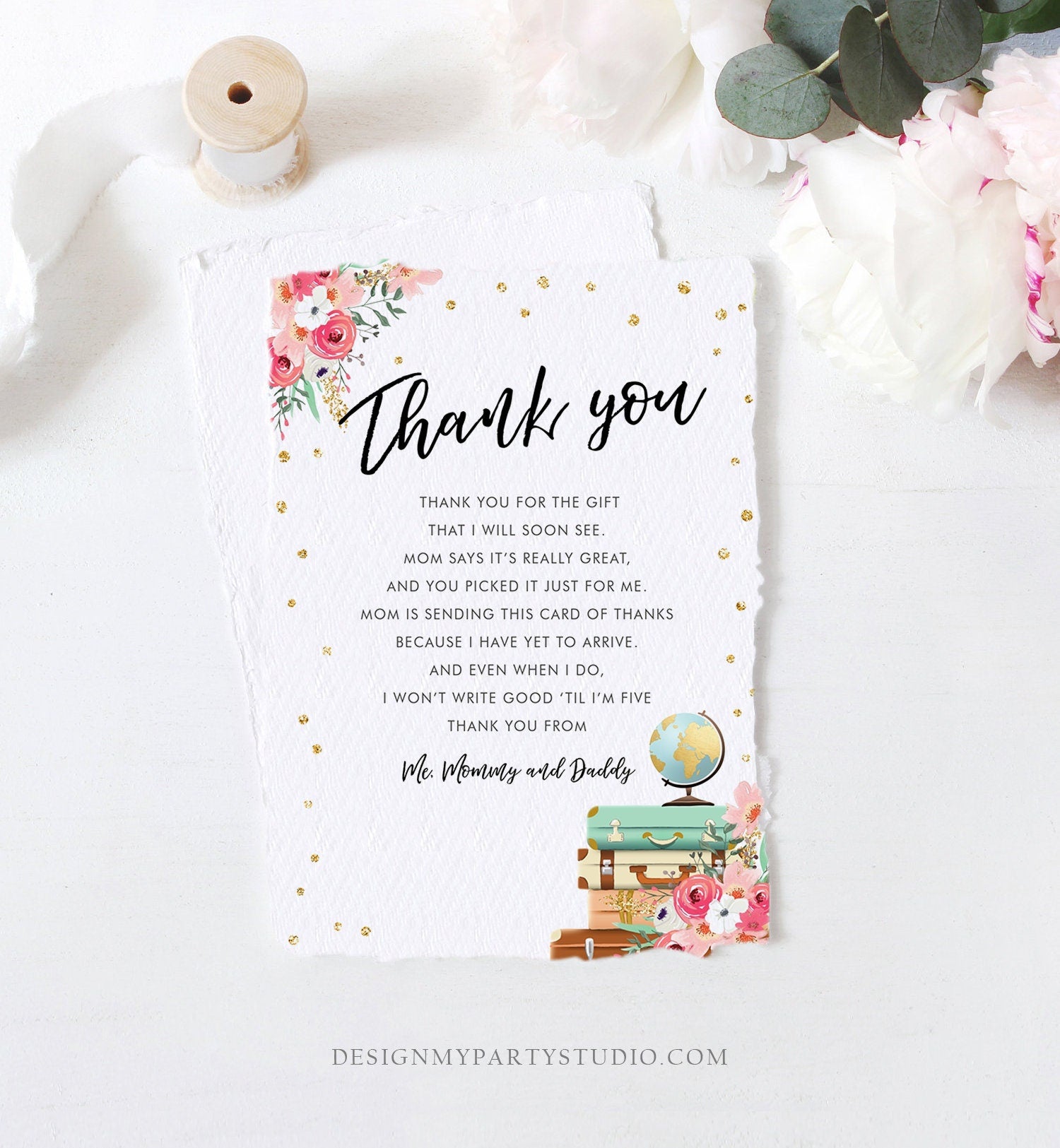 Editable Travel Thank You Card Adventure Traveling Note Bridal Baby Shower Pink Gold Floral Globe Digital Corjl Template Printable 0030