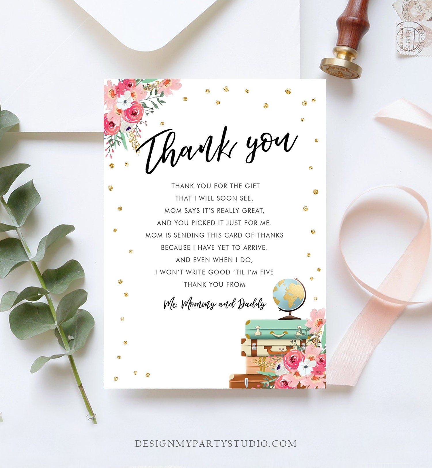 Editable Travel Thank You Card Adventure Traveling Note Bridal Baby Shower Pink Gold Floral Globe Digital Corjl Template Printable 0030