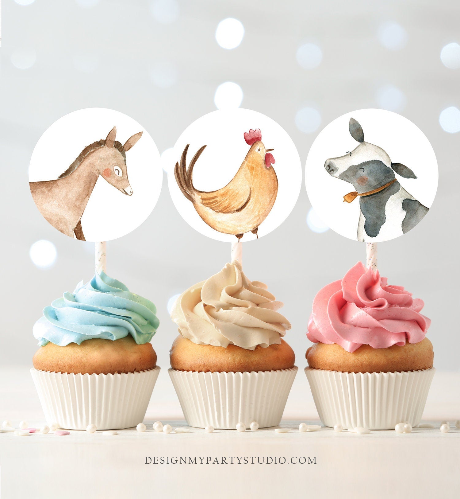 Farm Baby Shower Cupcake Toppers Favor Tags Barnyard Birthday Party Decor Cow Rooster Farm Animals Stickers Download Digital Printable 0155