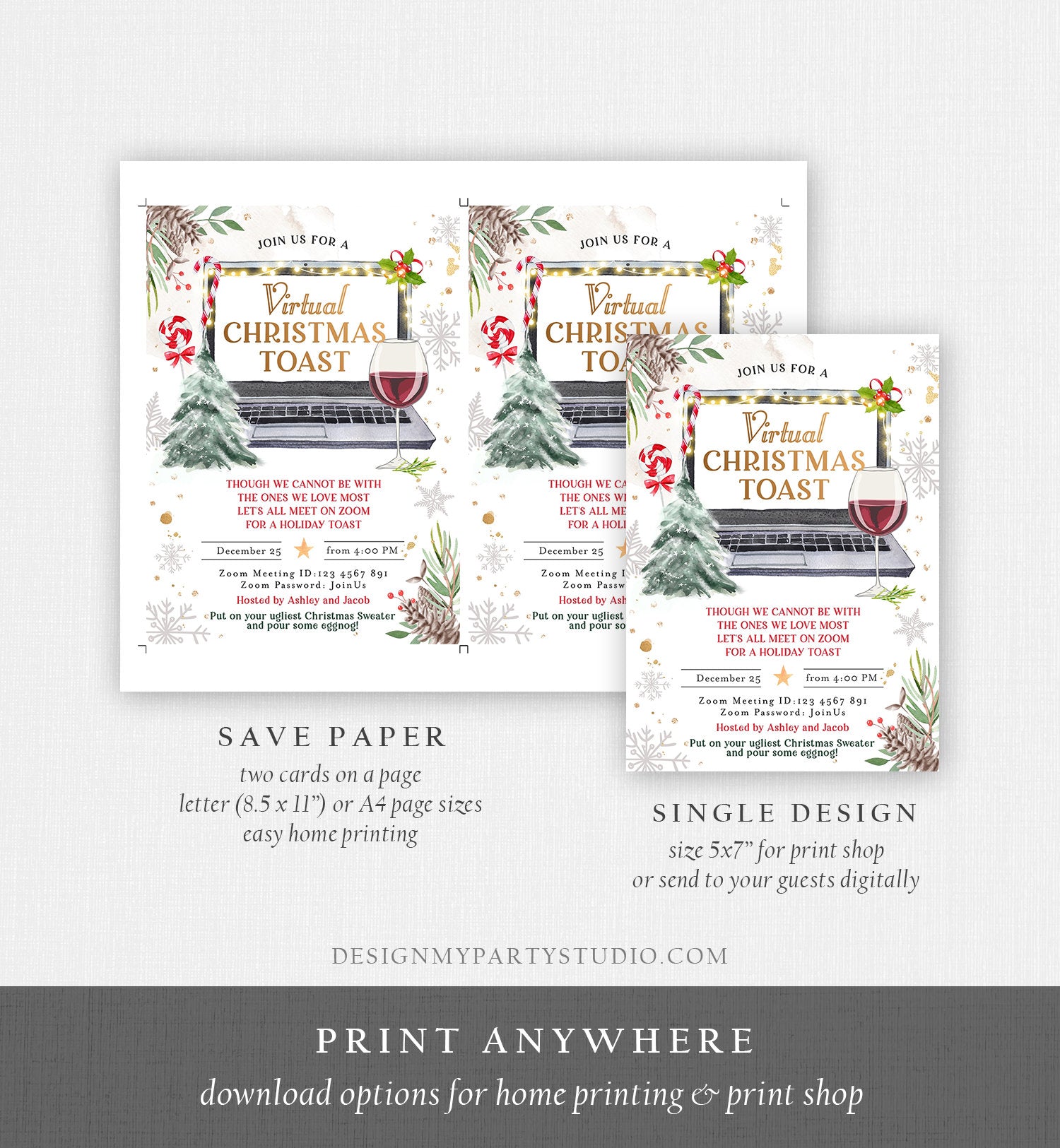 Editable Virtual Christmas Toast Invitation Christmas Party Zoom Invite Quarantine Social Distancing Laptop Printable Template Corjl 0356