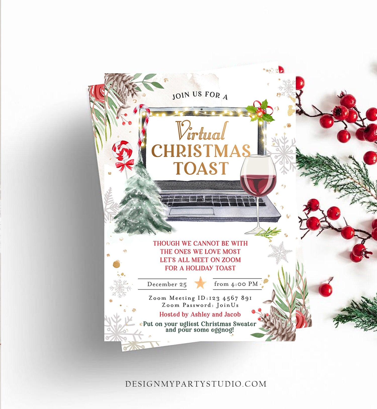 Editable Virtual Christmas Toast Invitation Christmas Party Zoom Invite Quarantine Social Distancing Laptop Printable Template Corjl 0356