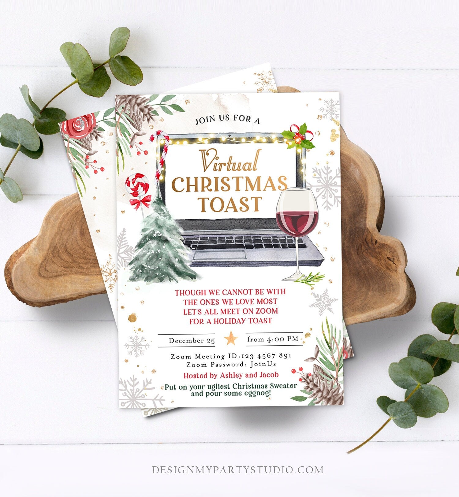 Editable Virtual Christmas Toast Invitation Christmas Party Zoom Invite Quarantine Social Distancing Laptop Printable Template Corjl 0356