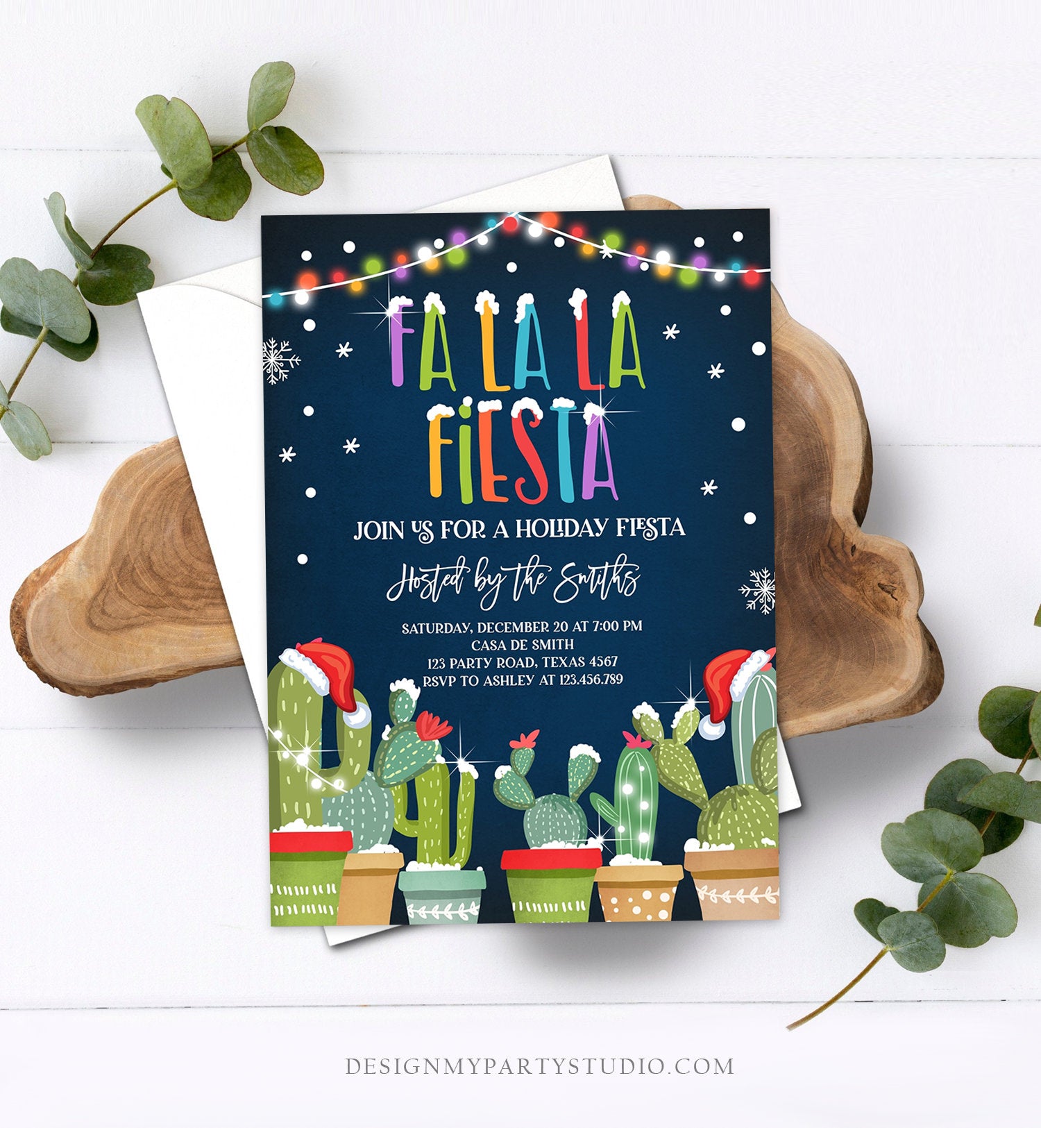 Editable Fa La La Fiesta Christmas Invitation Cactus Mexican Holiday Feliz Navidad Xmas Party Invite Digital Printable Corjl Template 0273