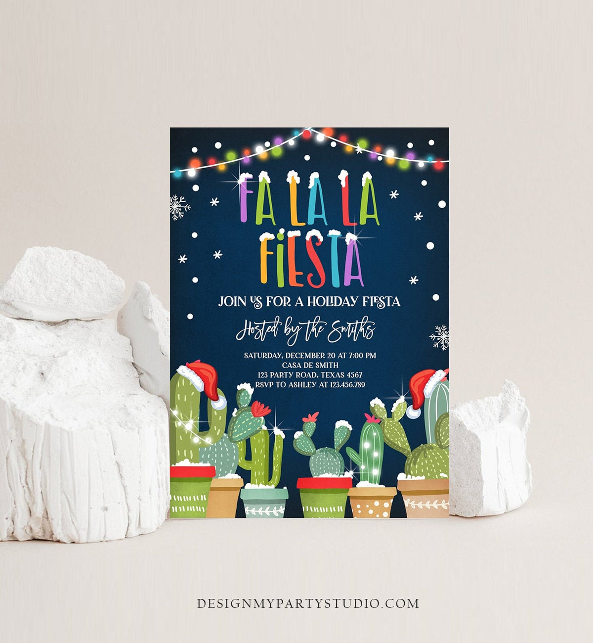 Editable Fa La La Fiesta Christmas Invitation Cactus Mexican Holiday Feliz Navidad Xmas Party Invite Digital Printable Corjl Template 0273