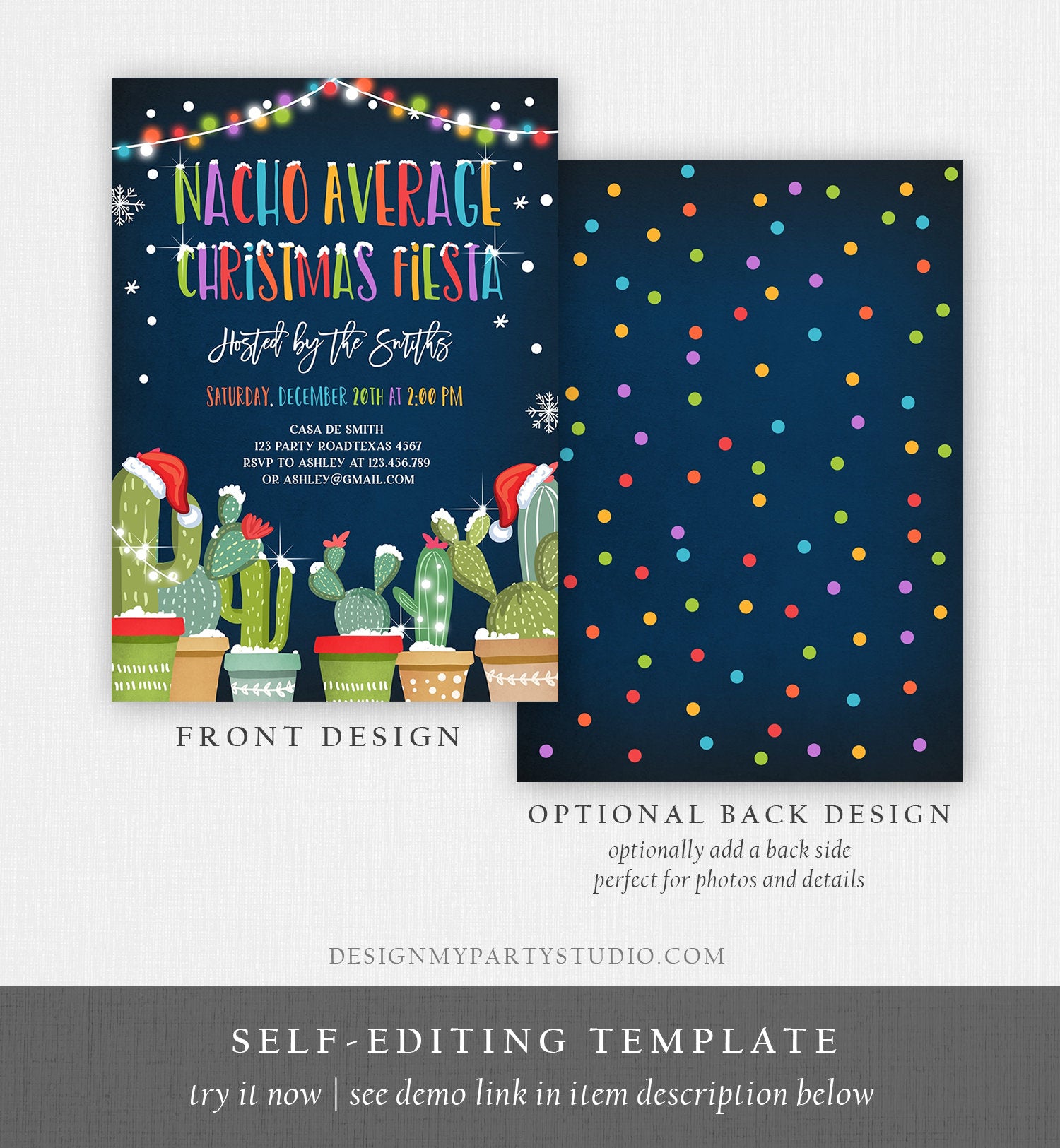 Editable Nacho Average Christmas Fiesta Invitation Cactus Mexican Holiday Feliz Navidad Invite Digital Printable Corjl Template 0273