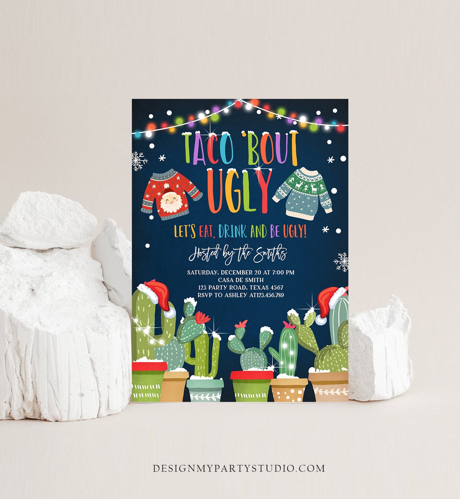 Editable Taco Bout Ugly Sweater Christmas Invitation Fiesta Cactus Mexican Holiday Feliz Navidad Digital Printable Corjl Template 0273