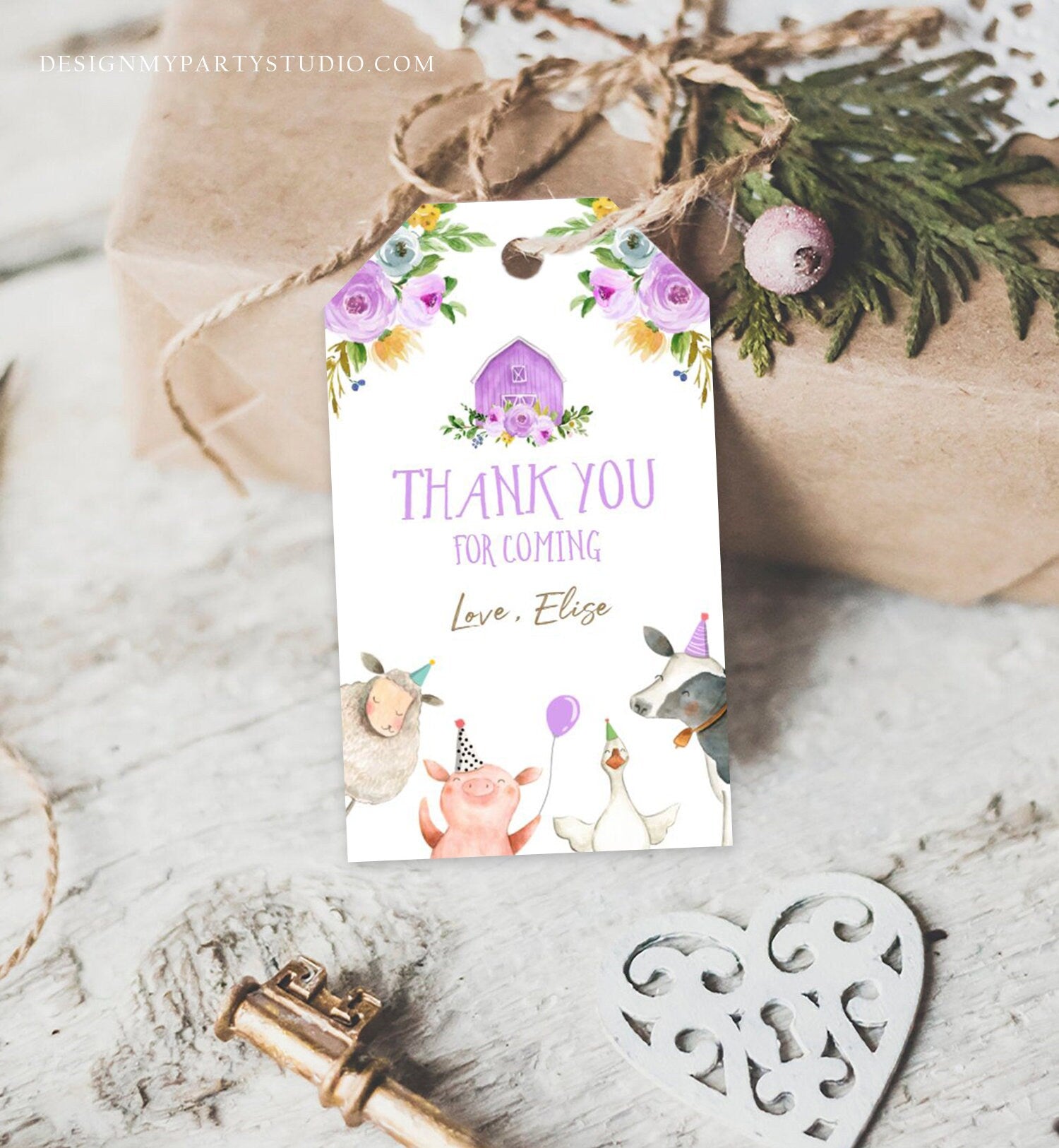 Editable Farm Favor Tags Tags Purple Farm Birthday Thank you tags Barnyard Gift Tag Girl Birthday Old McDonald Template PRINTABLE Corjl 0155