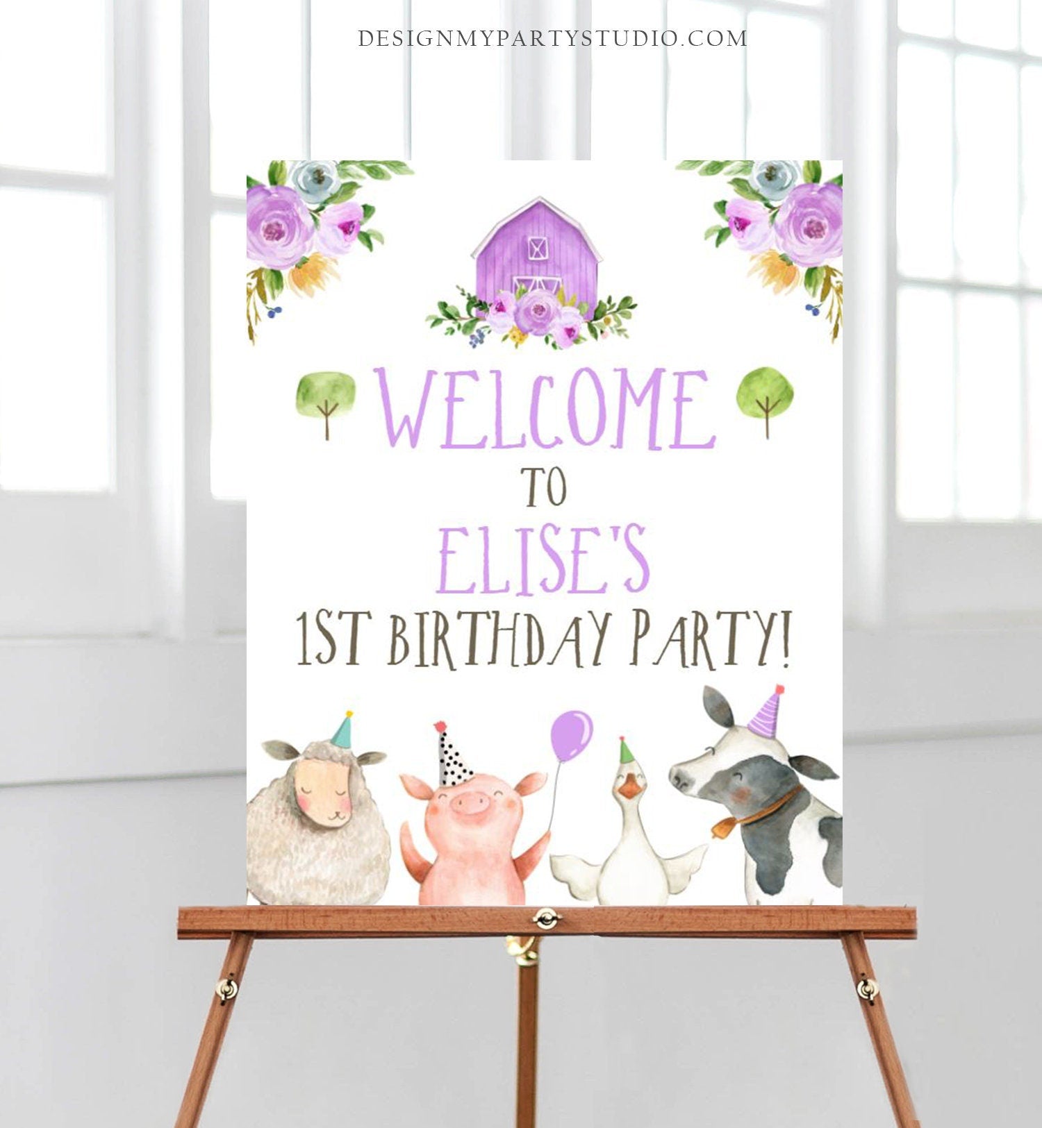 Editable Purple Farm Birthday Welcome Sign Barnyard Birthday Welcome Sign Farm Animals Birthday Welcome Girl Template Corjl PRINTABLE 0155