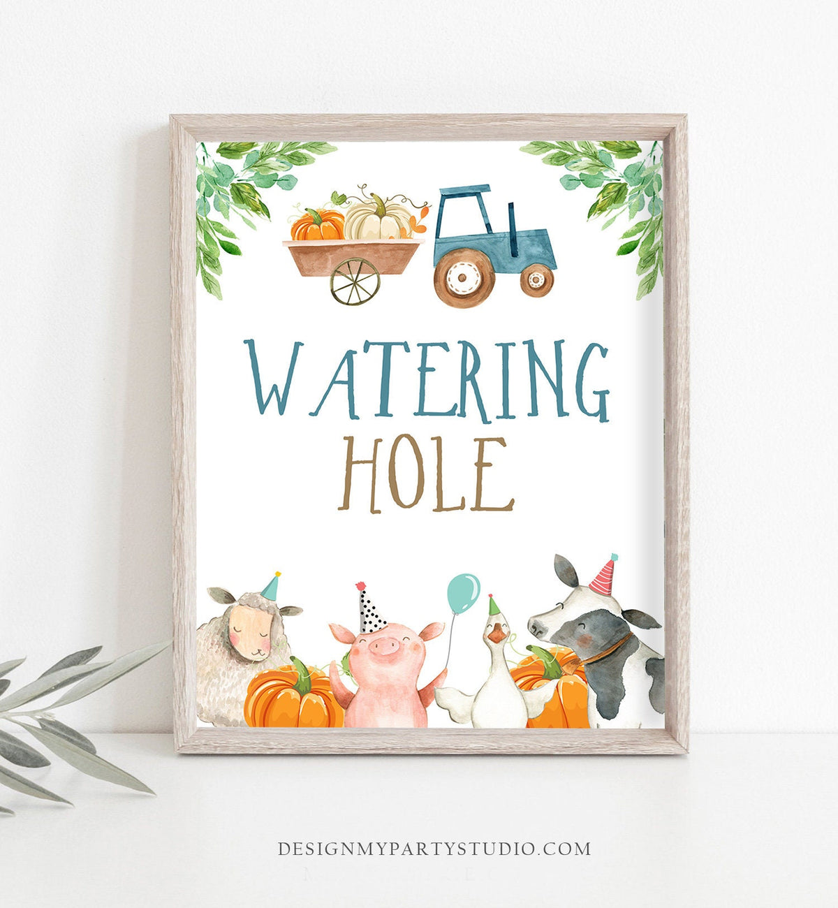 Watering Hole Birthday Sign Drink Table Blue Tractor Pumpkin Farm Animals Birthday Boy Party Animals Table Sign Decor Drinks Printable 0155