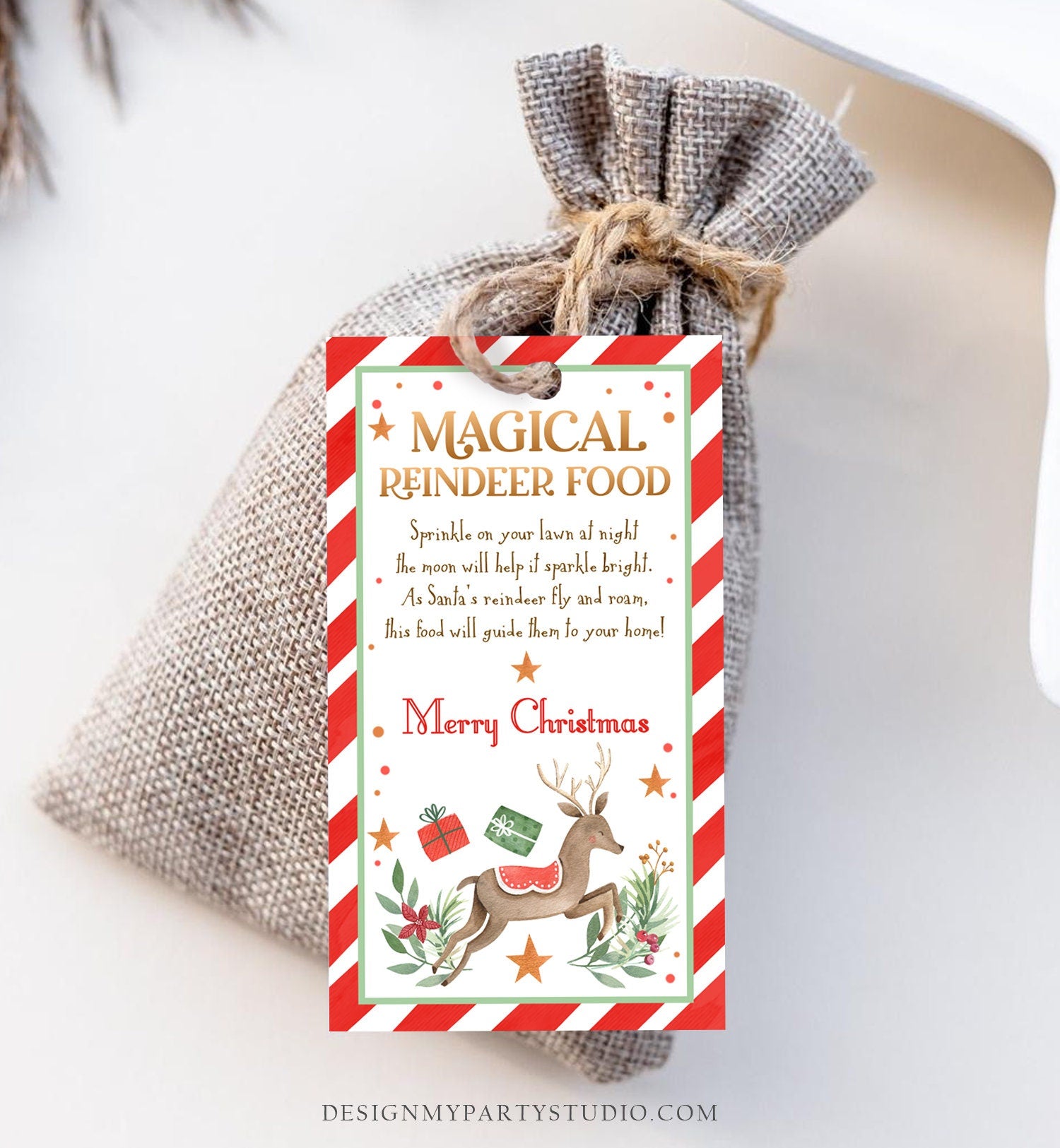 Editable Magical Reindeer Food Favor Tag Christmas Eve Gift Tag Box Gold Glitter Sparkle Bright Lawn Santa Claus Printable Template 0358