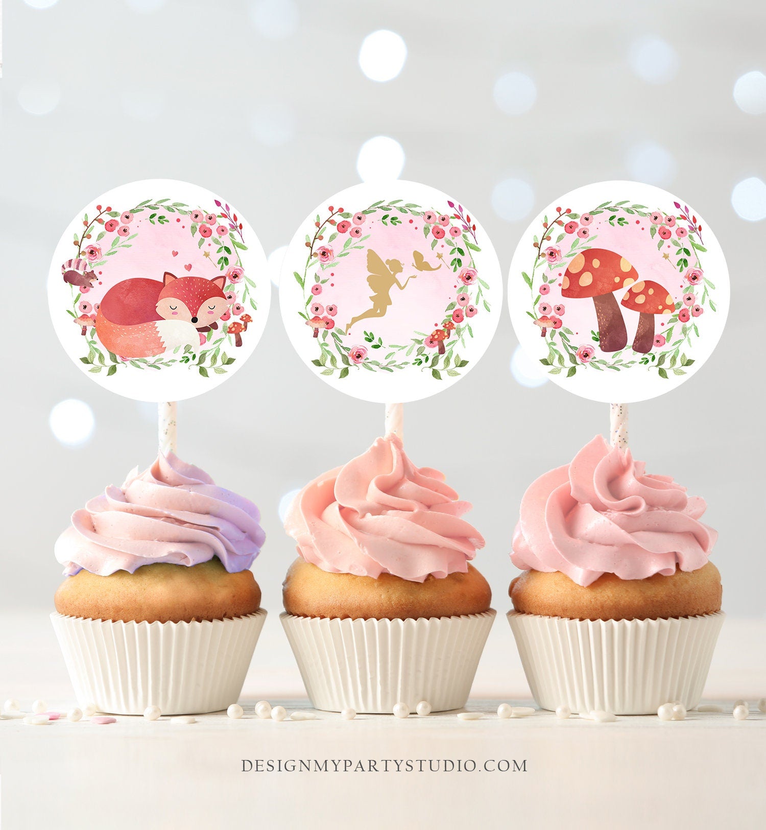 Woodland Fairy Cupcake Toppers Enchanted Forest Birthday Party Decorations Girl Pink Gold Stickers Tags download Digital PRINTABLE 0173