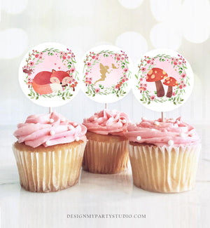 Woodland Fairy Cupcake Toppers Enchanted Forest Birthday Party Decorations Girl Pink Gold Stickers Tags download Digital PRINTABLE 0173