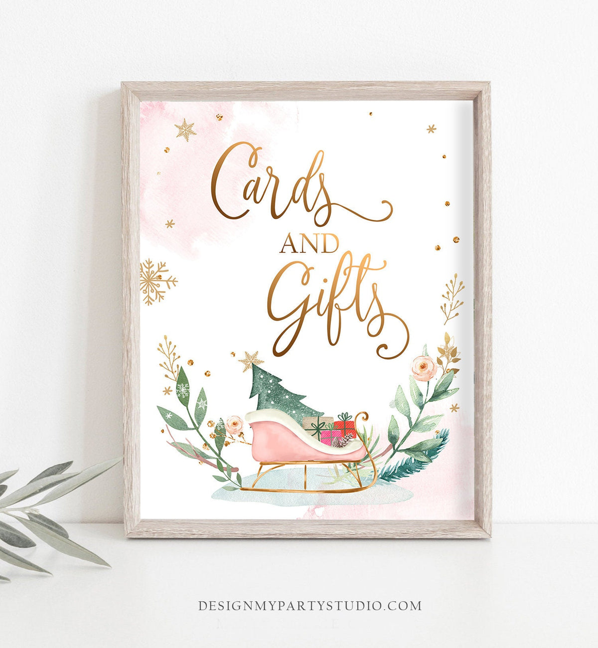 Cards and Gifts Sign Sleigh Winter Onederland First Birthday Party Wonderland Girl Pink Gold Table Sign Decor Digital Printable 0353