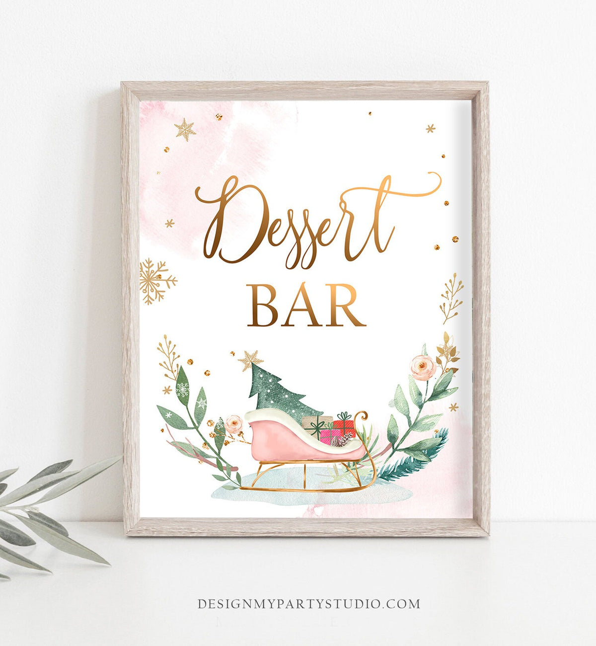 Dessert Bar Sign Sleigh Winter Onederland First Birthday Party Food Table Wonderland Girl Pink Gold Table Sign Decor Digital Printable 0353