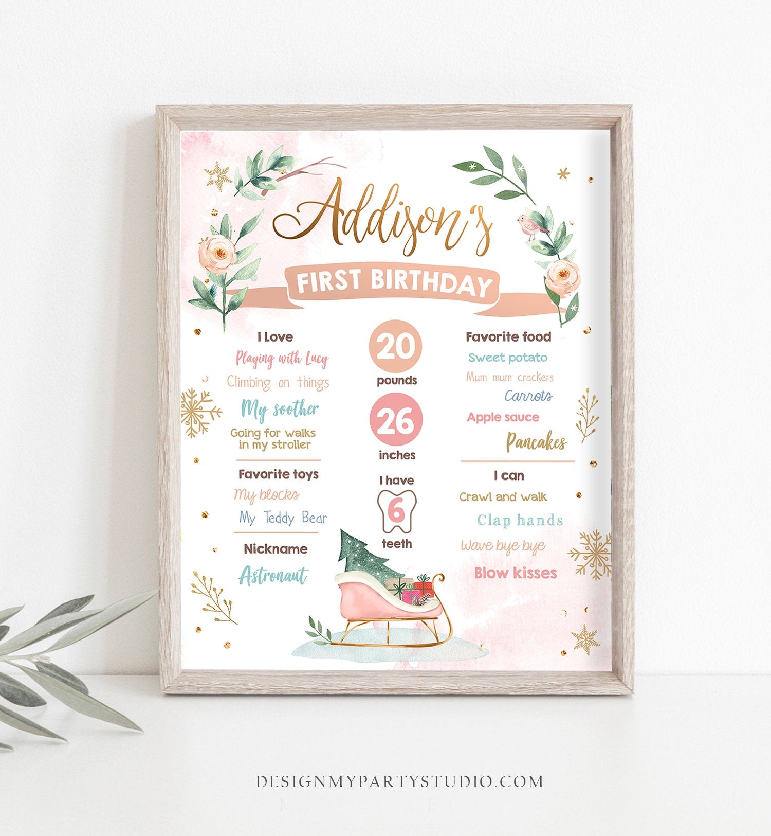 Editable Winter Sleigh Birthday Milestones Sign Girl First Birthday 1st Birthday Little Snowflake Onederland Corjl Template Printable 0353